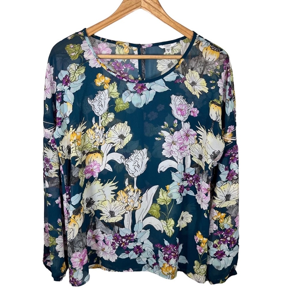 Guess Boho Green Floral Bell Long Sleeve Top Size Medium